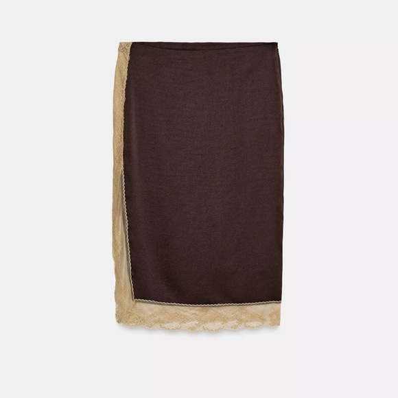 Zara NWT brown & beige lace split side lace trim midi skirt - Picture 6 of 8